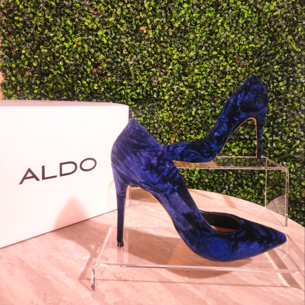 Navy blue crushed velvet stilettos
